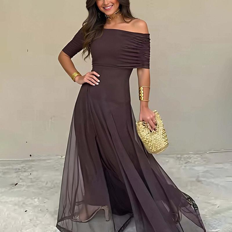Neues europäisches und amerikanisches Promi-Maxikleid mit tiefem V-Ausschnitt, schulterfreiem Laternenärmel und Taillierung