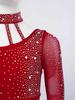 Girls Contemporary Dance Outfit One Shoulder Sheer Mesh Long Sleeve Rhinestone Crop Top with Irregular Skirt