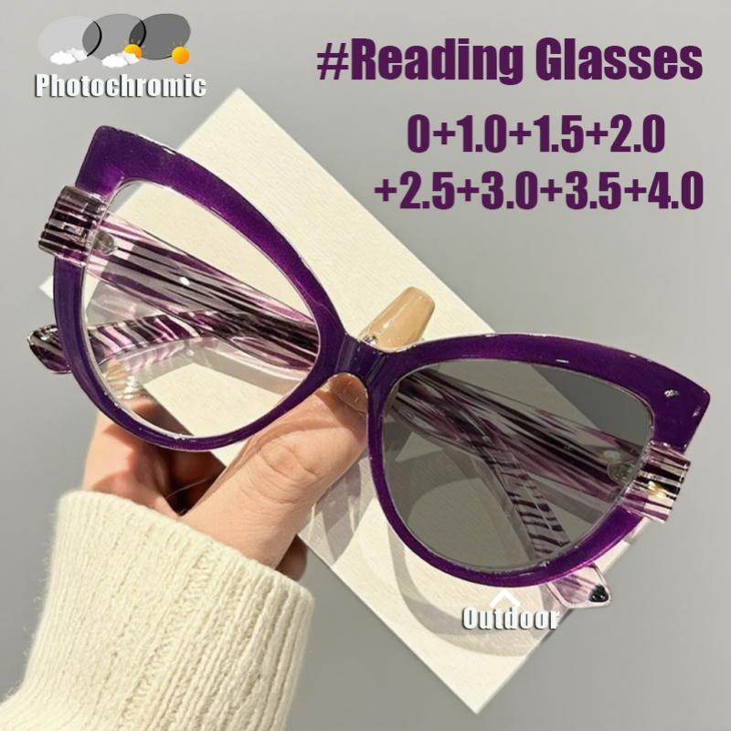 Vintage Large Frame Cat Eye Photochromic Reading Glasses Gradient Frame Senior Sense of Presbyopia UV Protection Glasses