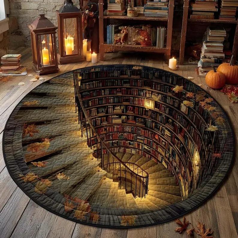 Runder Teppich mit 3D-Illusion Treppenhaus der Bibliothek, Gemütliches literarisches Geschenk für Zuhause, Teppich für Lesezimmer