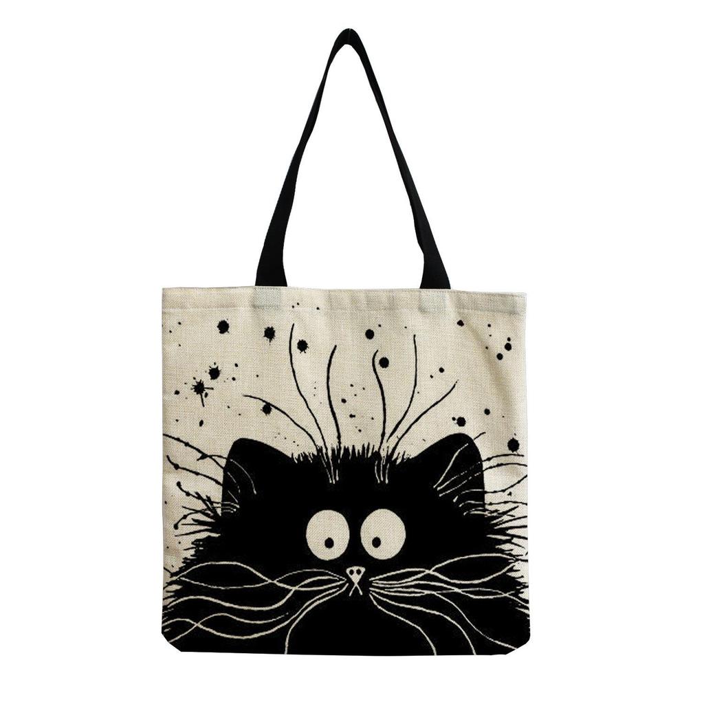 Cartoon Niedliche Flauschige Katze Baumwoll-Leinen-Einkaufstasche - Wiederverwendbar & Vielseitig als Umhänge- oder Handtasche