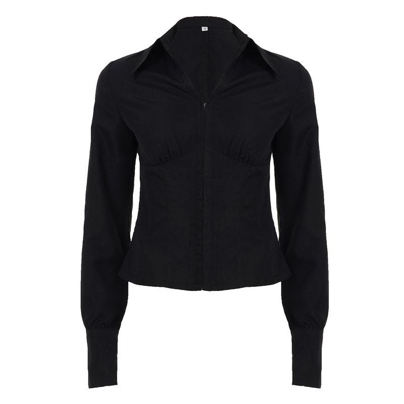 

H Семейная Европейская и Американская Женская Одежда Инс Воздержание Причудливая Дизайнерская Пряжка-Крючок Черная Рубашка Женская Сексуальная С Утяжкой Талии Топ с Воротником Поло Black S