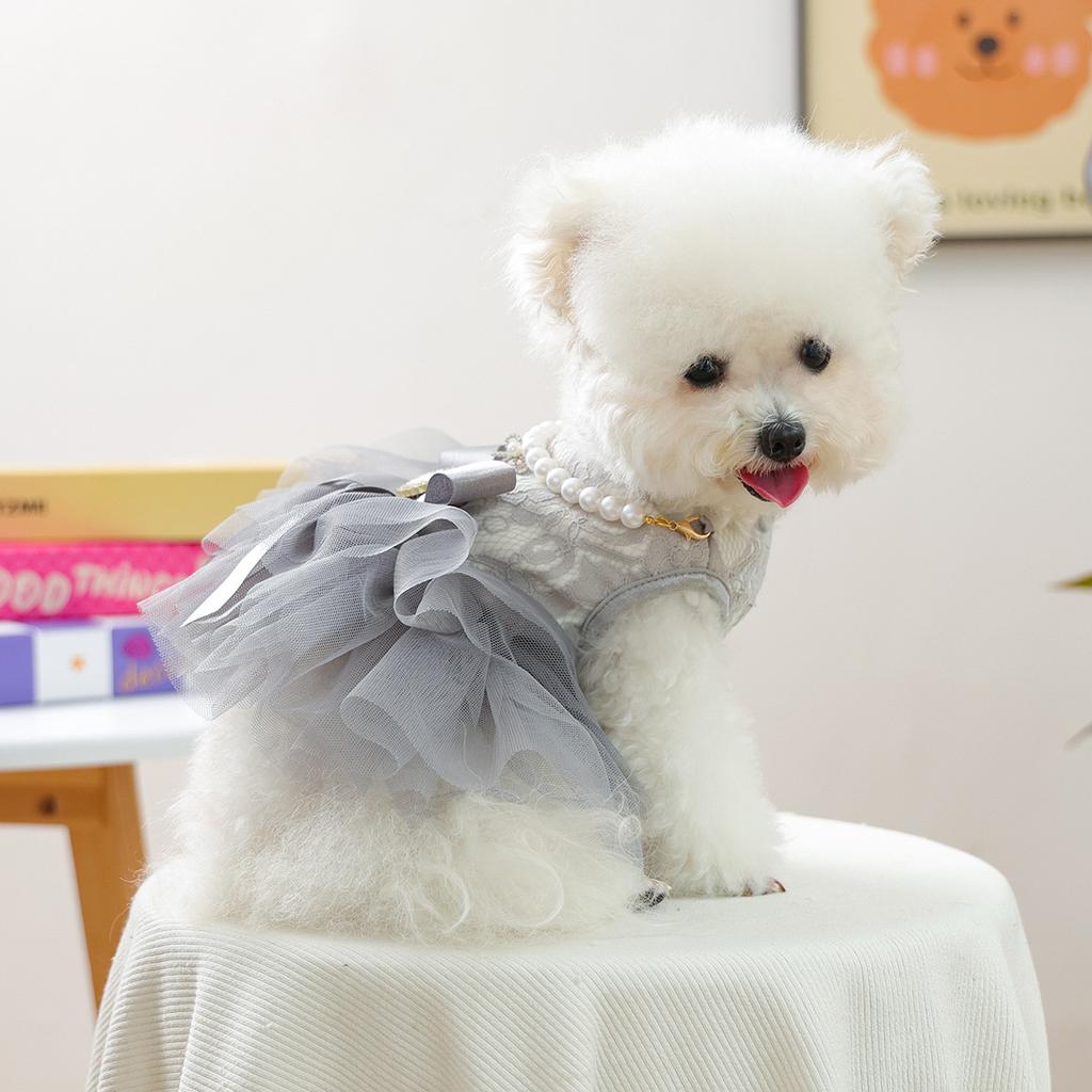 New Autumn/ Winter Cat Princess Dress Coat Pearl Necklace Gray Swan Dog Dress Pet Puppy Cat Clothes