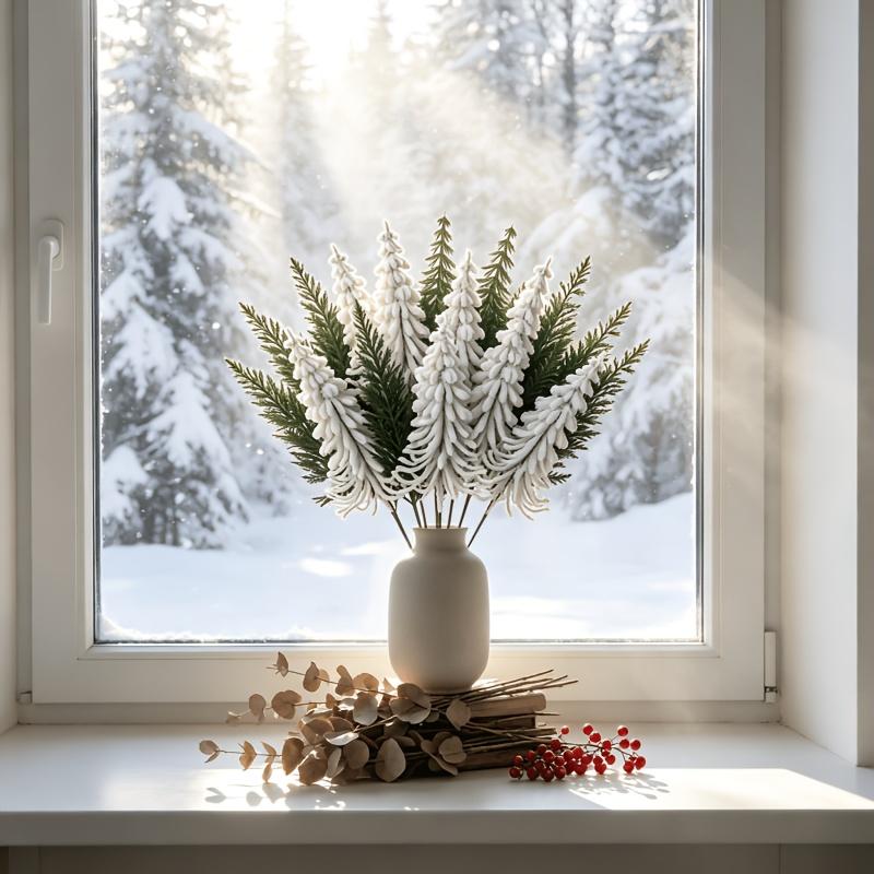 15pcs Set New Style - Artificial Christmas Pine Branch Bouquet | White and Green Flocked Pine Branches, Nordic Winter Holiday Ornament
