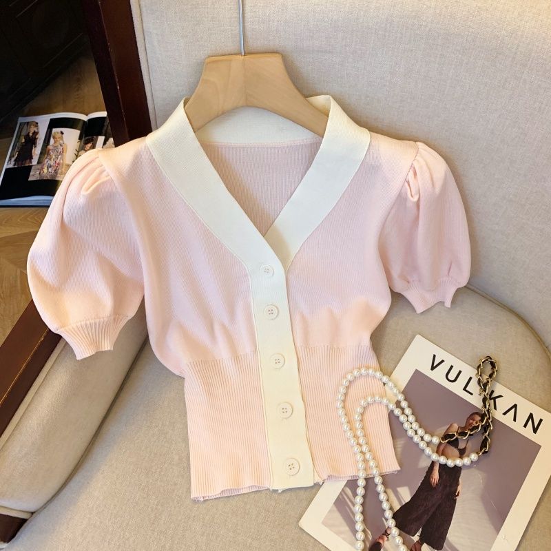 

Counter Withdrawal Cut the Tag off Contrast Color V-neck Puff sleeve Knit cardigan Women Summer New Western Style Slim fit Short Top Pink S