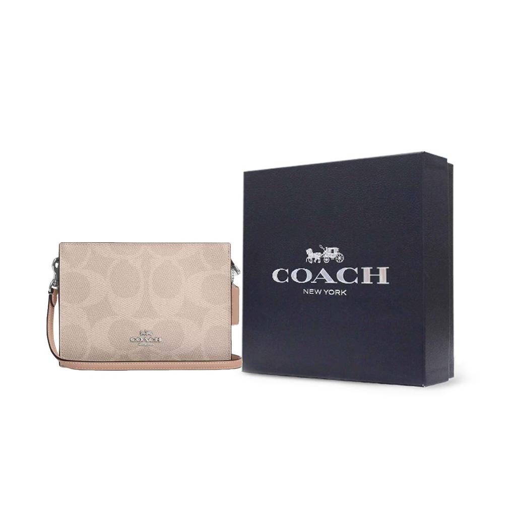 Coach Signature Canvas 20 Slim Color Block Pattern Chain Coated Canvas Crossbody Shoulder Bag Small Women bags Silver Beige Brown CAR12-SVPWH