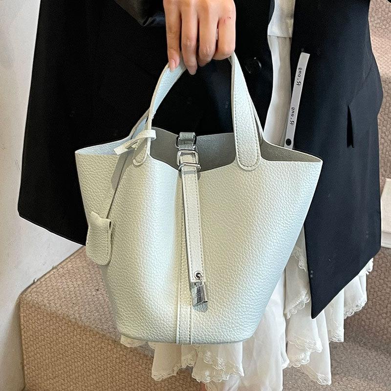 New Trendy Lychee Pattern Texture Portable Bucket Bag High-end Temperament Simple Versatile Handbag Women
