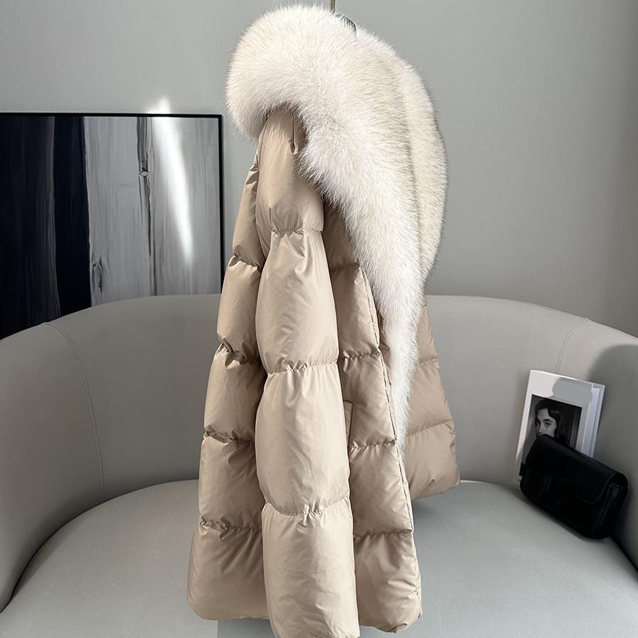 Faux Fox Fur Detachable Large Lapel Fur Down Jacket Women Winter Medium Long Loose White Goose Down Coats