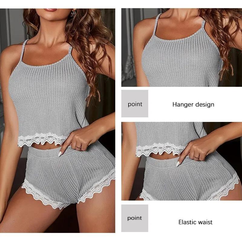 Two Piece Women's Waffle Style Pajamas Set Women's Suspender Lace Trimmed Backless Casual Home Gray Sexy Pajamas Set
