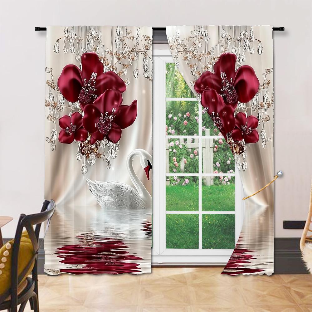 2Pcs Digital Printed Rod Pocket Window Curtain Swan Flower Pattern Window Drapes For Bedroom Living Room Home Decor Design For