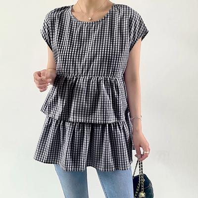 Nowa japońska koszula z krótkim rękawem dla kobiet na lato, duży rozmiar, luźna, gładki kolor, okrągły dekolt, wszechstronna, codzienna, plisowana, z falbanką