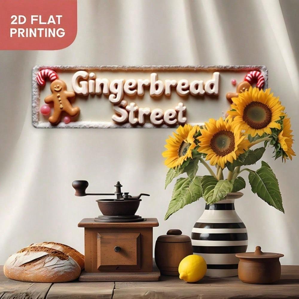 2D Metal Gingerbread Man Wall Decor, Vintage Xmas Sign 15.7x3.9 inch Retro Aluminum Cookie Decoration for Bar Cafe Easy Hang