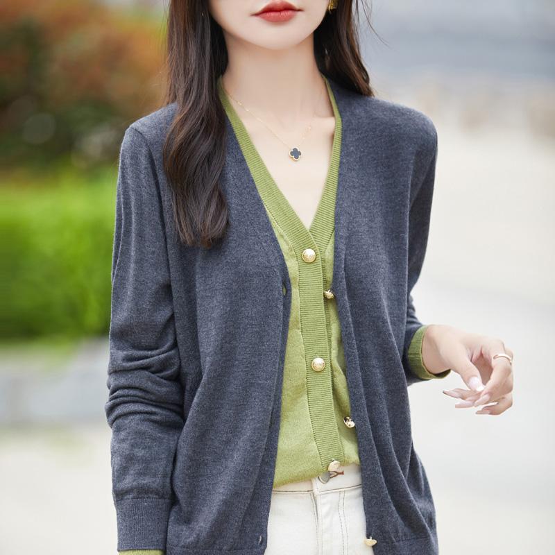Dámský vlněný kardigan Qinghe kašmír 50% hedvábí 50% vlna jaro a léto vlna měkký, pohodlný a teplý