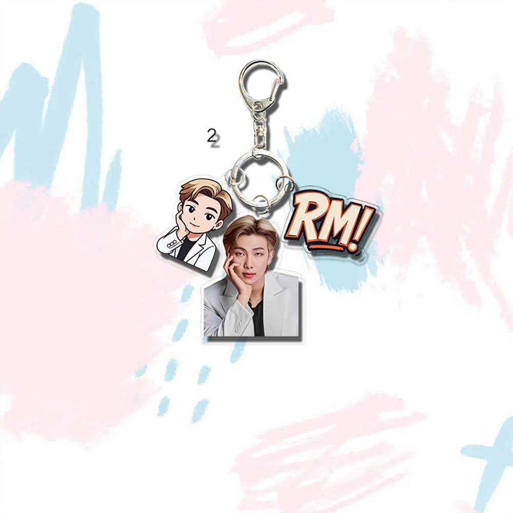 BTS White Suit Triple-Charm Keychain, Bangtan Boys Photo, Cartoon & Colorful Name Tag Keyring, Kpop Idol Bag Pendant for ARMY Fans