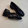 Soft leather! Loafers women's retro British style round head rivet pleated one pedal thick heel black small leather shoes