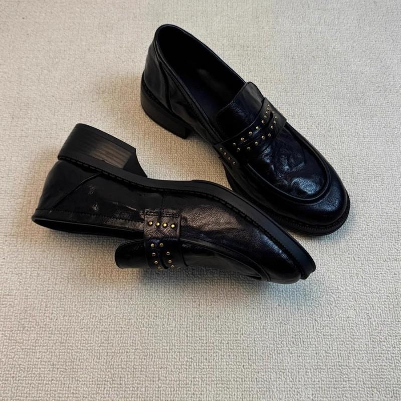 Soft leather! Loafers women's retro British style round head rivet pleated one pedal thick heel black small leather shoes