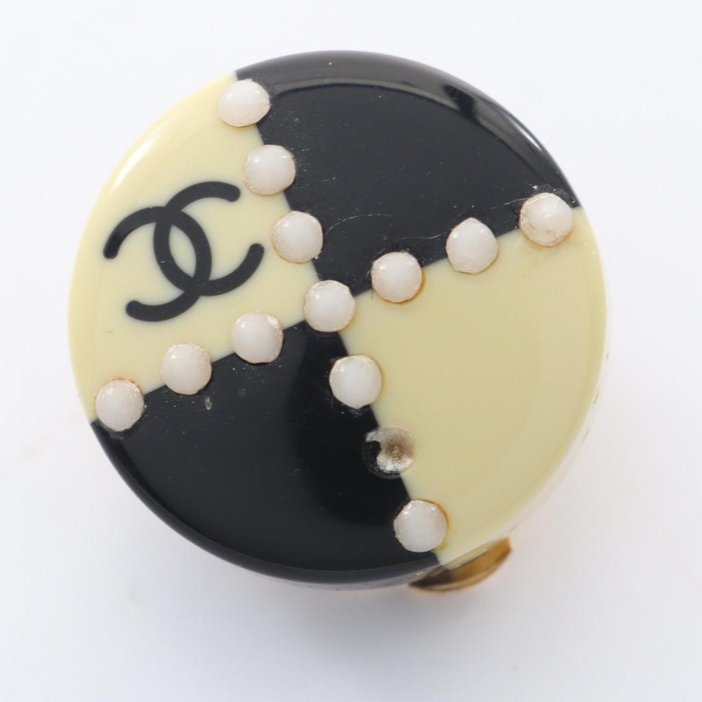 Used CHANEL COCO Mark Earring Gold Plated Plastic White Black Gold Used