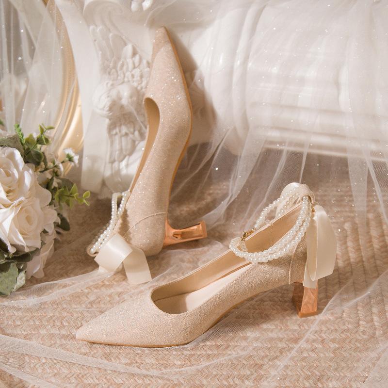French Pointed Bridesmaid Shoes Thick Heel Wedding Shoes Female Bride High Heel Mary Jane Autumn Evening Breeze Gentle Single Shoes