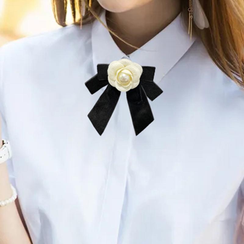 French Style Camellia Pearl Velvet Bow Brooch Elegant Neck Tie Mourning Corsage Pin Formal Wear Shirt Collar Accessories