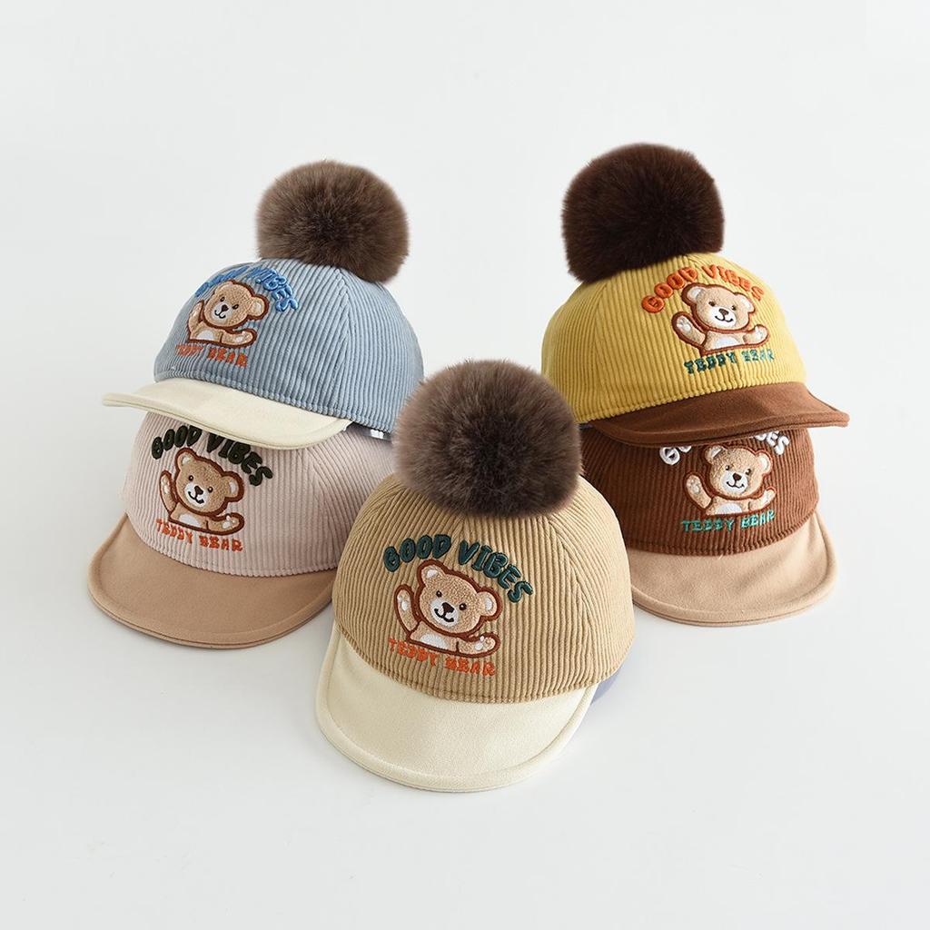 Children's Warm Cartoon Bear Duckbill Baseball Cap with Pom-Pom