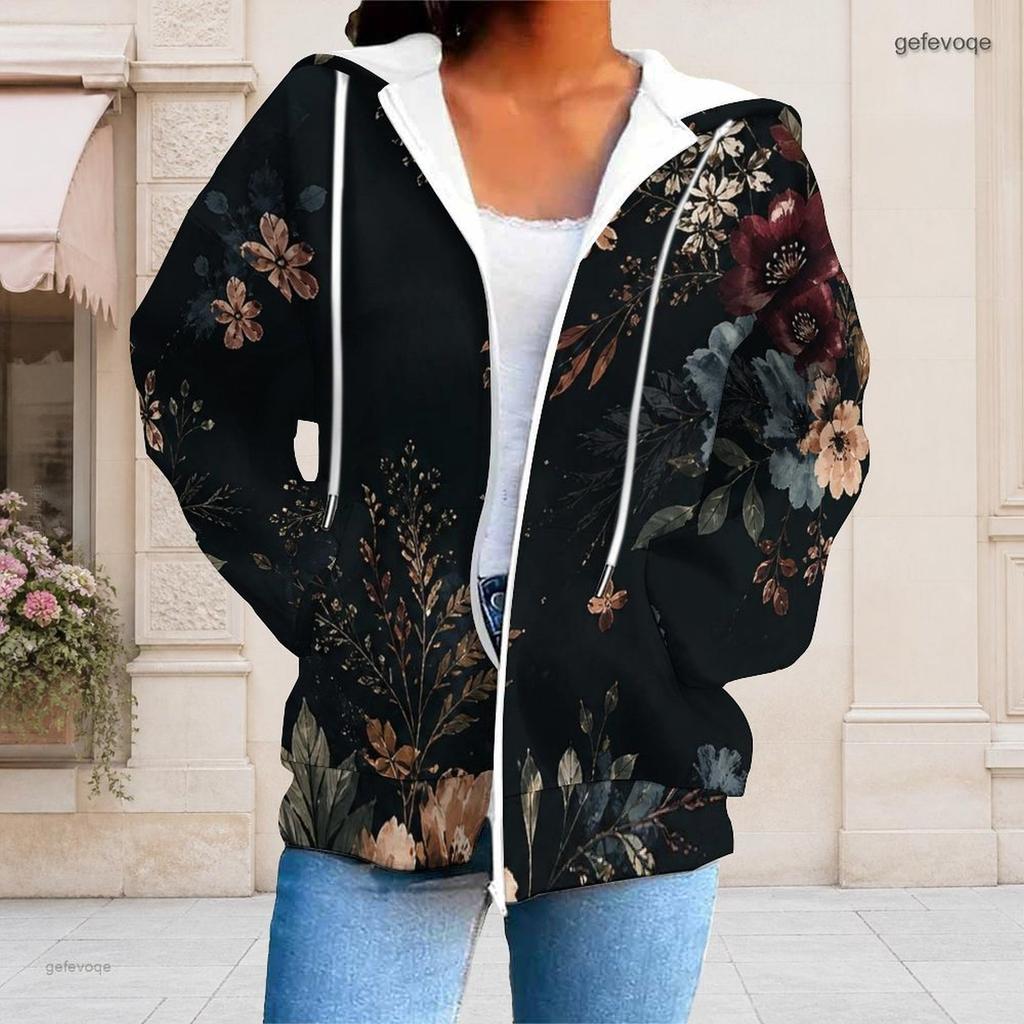 Women Plus Size Black Floral Print Zip Up Long Sleeve Drawstring Hoodie With Pockets