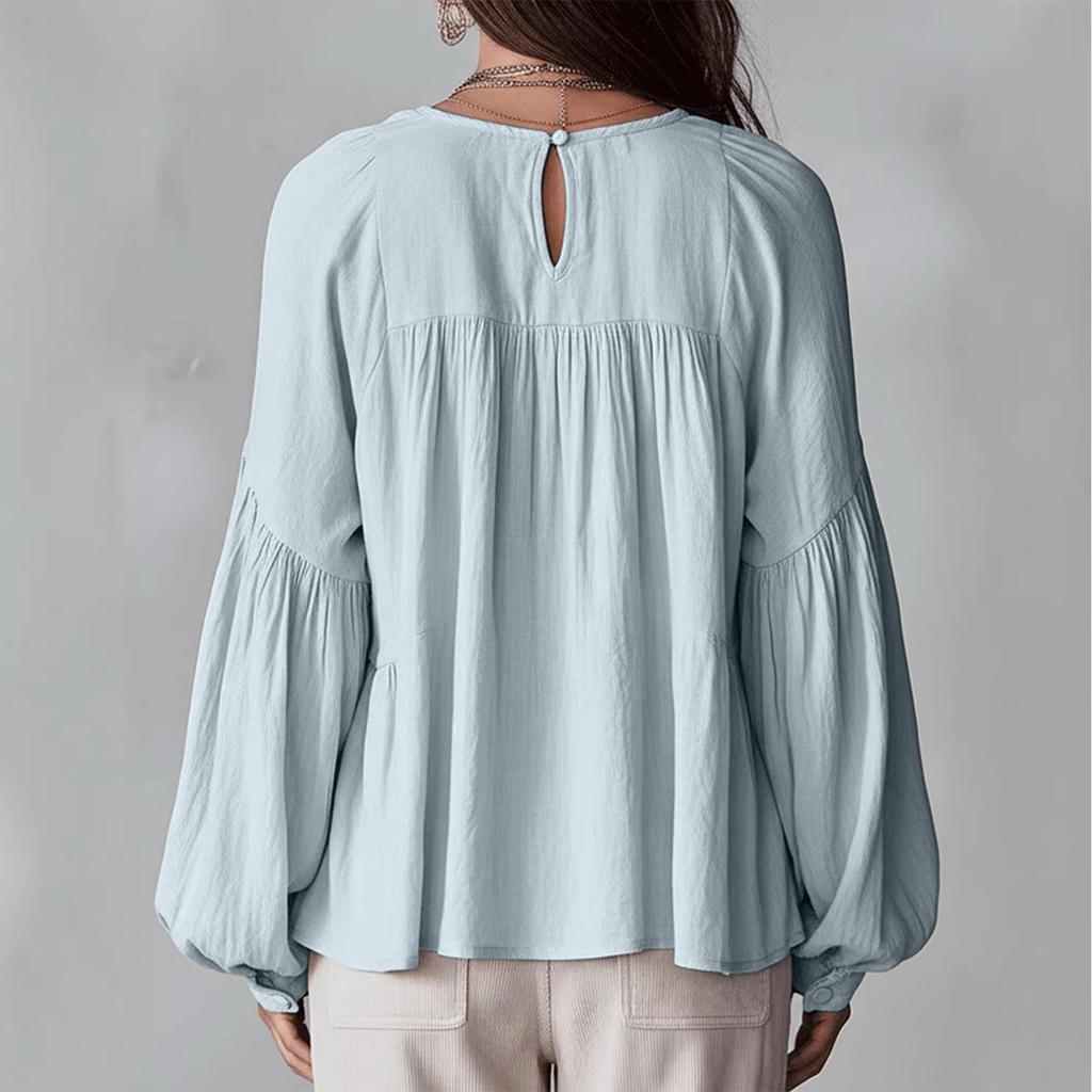 Women's Loose-fitting, Casual, And Sweet Blouse With Ruffled Trim And Puff Sleeves.