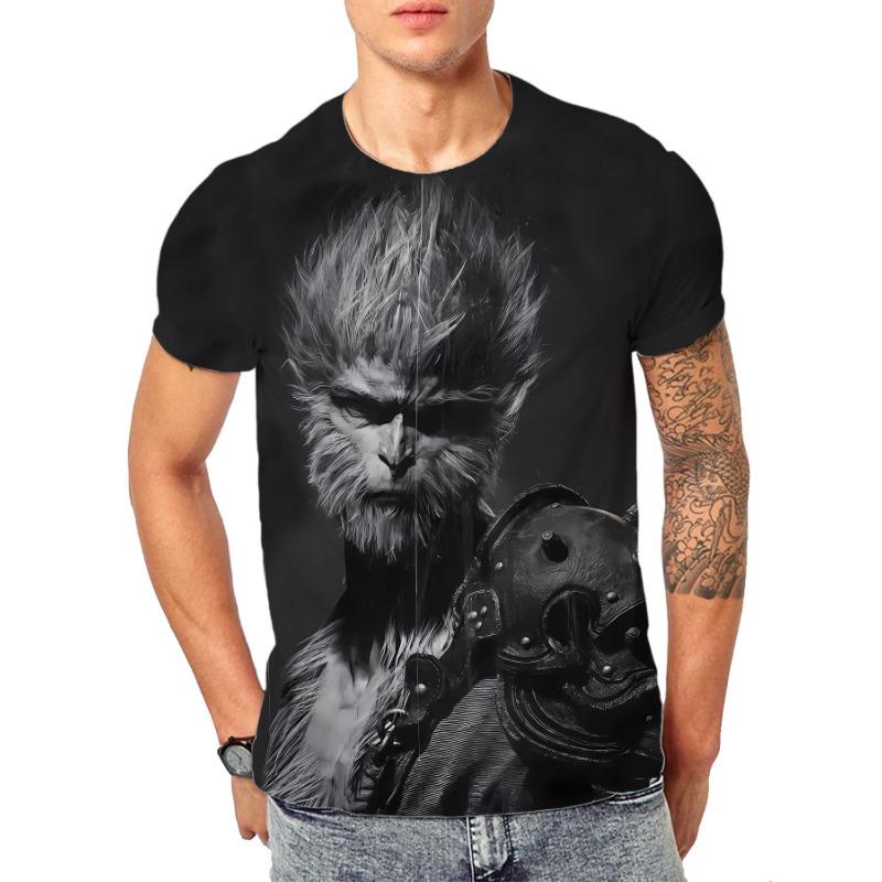 Black Myth Wukong Game Qi Tian Da Sheng 3D Digital Printed Men's T-Shirt, Chinese Style Casual Plus Size Breathable Sporthirt
