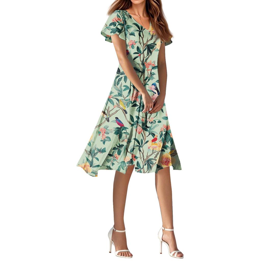 Dámské letní ležérní módní květinové tiskové šaty s výstřihem do V a krátkým rukávem, krátká sukně
