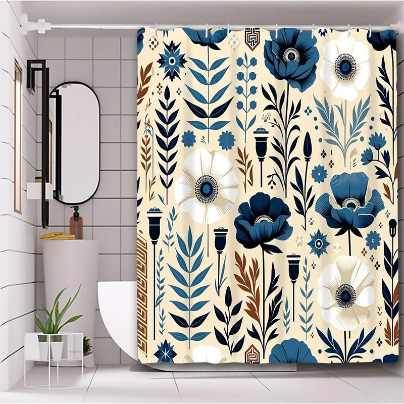 Vintage Flowers Pattern Bathing Curtain  Bathroom Shower Curtain Waterproof With 12 Hooks Home Deco