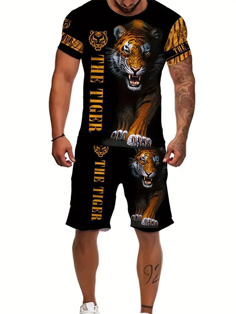 2024 New Summer Fashion Animal Print Suit Black and White Tiger 3D Pattern Outdoor Street Shooting Sportswear Men's Casual Wear