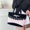 Lattice Lace Bow Shoulder Bag Rural Style Commuting Tote Bag Retro Denim Plaid Handbag  Students