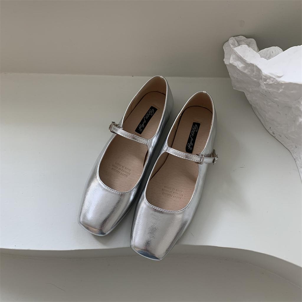 Fashion Flats Shoes for Women Luxury Silver Ballet Shoes Women's New 2025 Autumn French Mary Jane High Heel Single Shoe Ladies