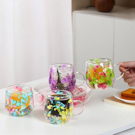 Double-Wall Glass Mug with Dried Flower Design 250ml Heat-Resistant Borosilicate Glass Cup for Milk Coffee Breakfast Insulated Glassware for Home