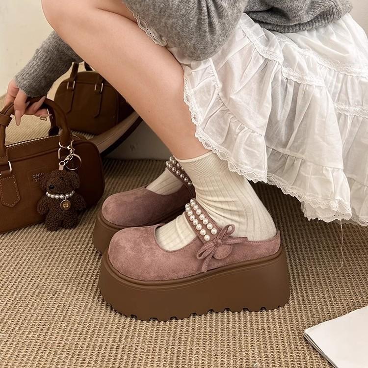 Spring 2025 thick-bottomed bag head half slippers women's new bow pearl height increase small Mary Jane sandals