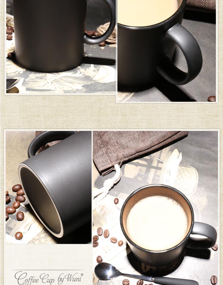 Large European-Style Matte Black Ceramic Mug with Spoon