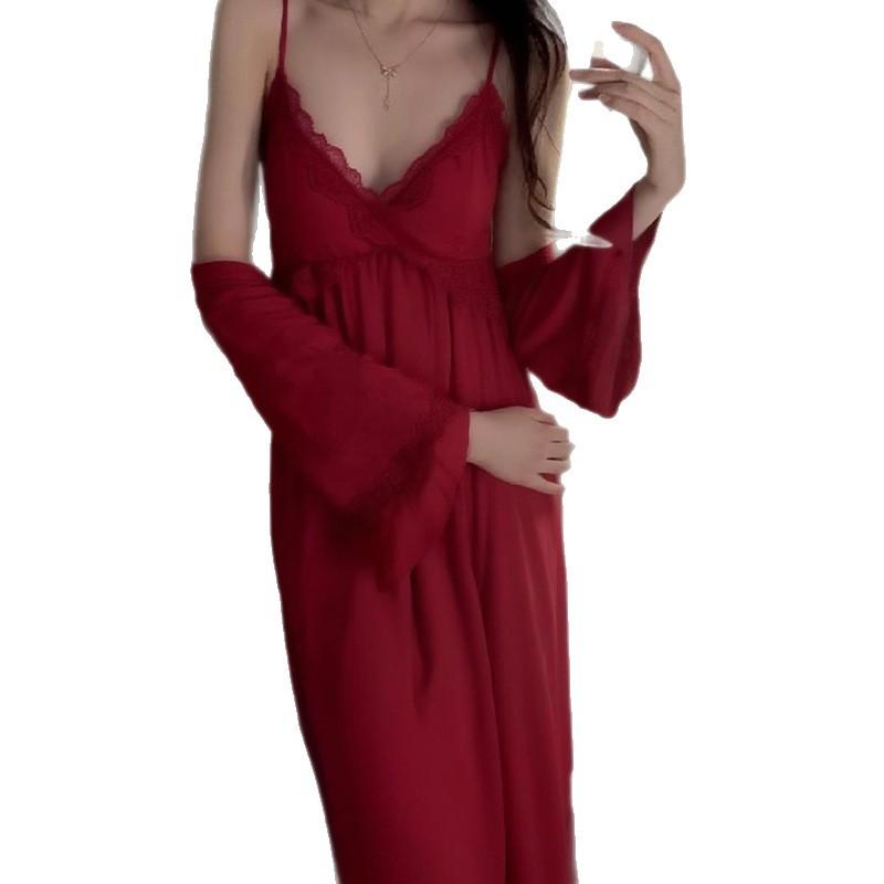 [Strict Selection] Acetate Lace Sexy Thin Natal Year Pajamas Women's French Pure Desire Wind Cool Medium and Long Pajamas