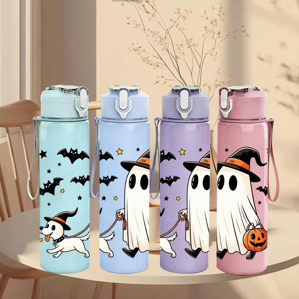 1PC Ghost Pumpkin Halloween 750ml Color Plastic Sports Water Bottle Leakproof Flip Straw Lid Suitable for Sports Office Home Use