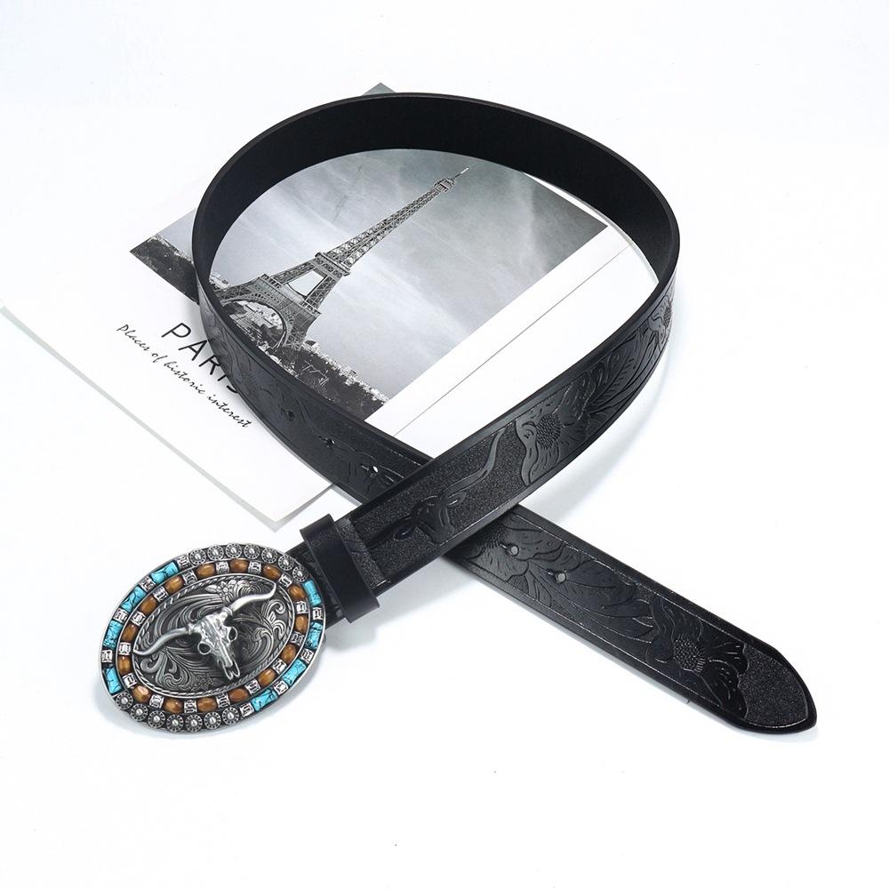 Men'S Western Denim Belt Bull Head Retro Punk Pu Wide Belt