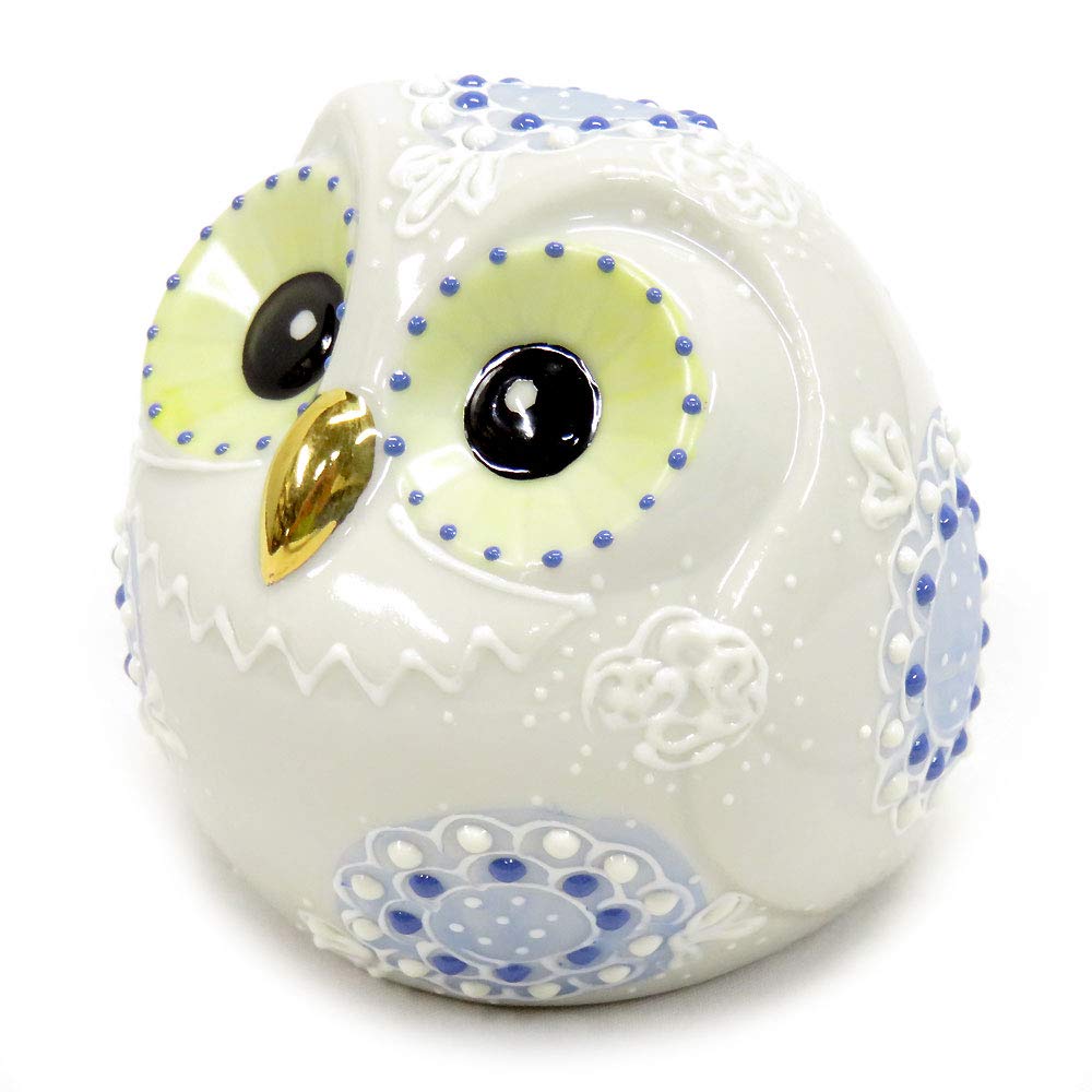 Good luck ornament, Kutani ware ball owl, Mori (blue), ceramic, present, gift, 60th birthday celebration