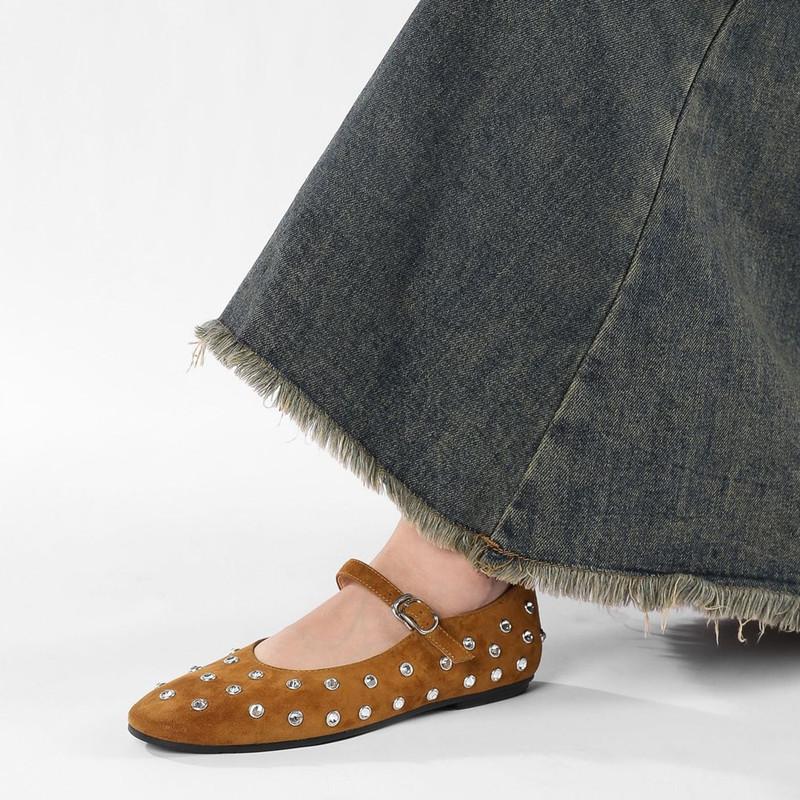 Fashion Fashion Rhinestones Rivets Studded Women Ballet Flats Comfortable Soft Soles Mary Jeans Walking Lazy Loafers Casual Girls Shoes