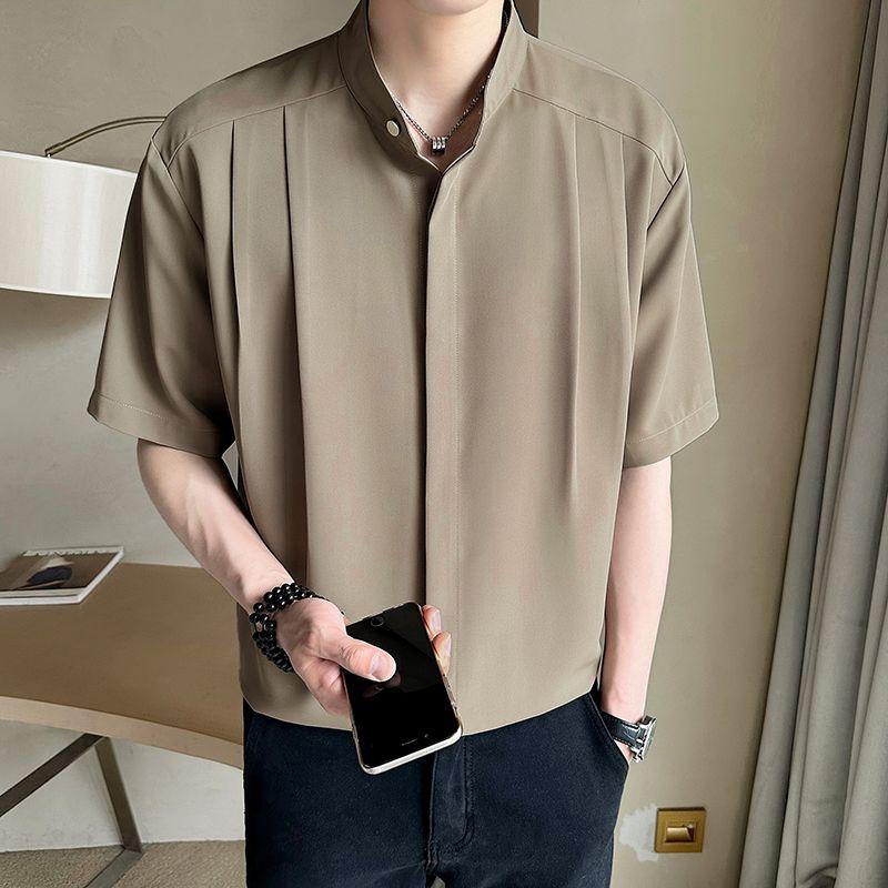 Ice Silk Chinese Stand-up Short-sleeved Shirt Men's Summer Fashion Brand Trendy Sense Handsome Seven-point Sleeve Casual Shirt