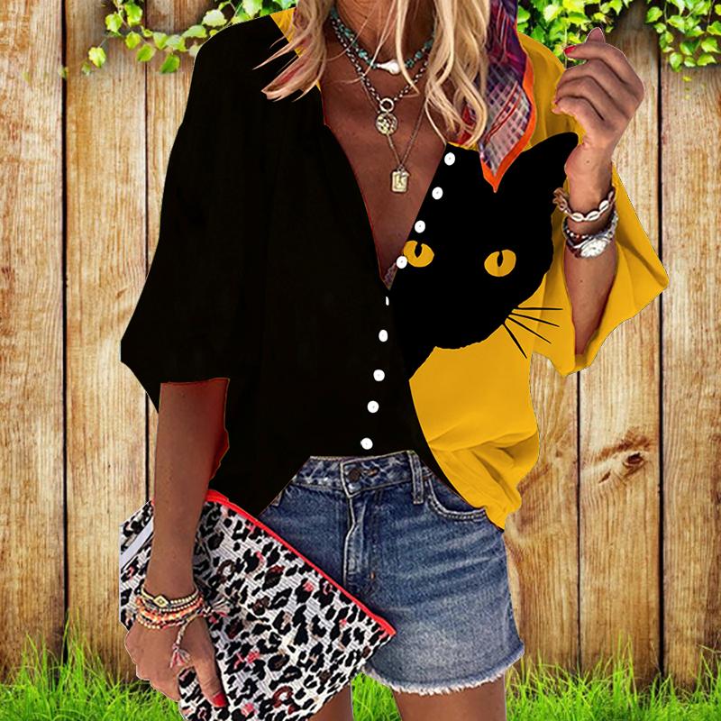 

2023 Лето Осень Новая мода Женские топы Оранжевый котенок с принтом Полурукав Повседневная рубашка больших размеров на пуговицах больших размеров с пузырчатыми рукавами