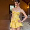European and American Style Summer New Women's Clothing French Pure Desire Plaid Printing Suspender Waist Thin Fluffy Dress