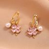Pink Zircon Pearl Four-Leaf Flower Earrings - Elegant and Sweet Ear Clips