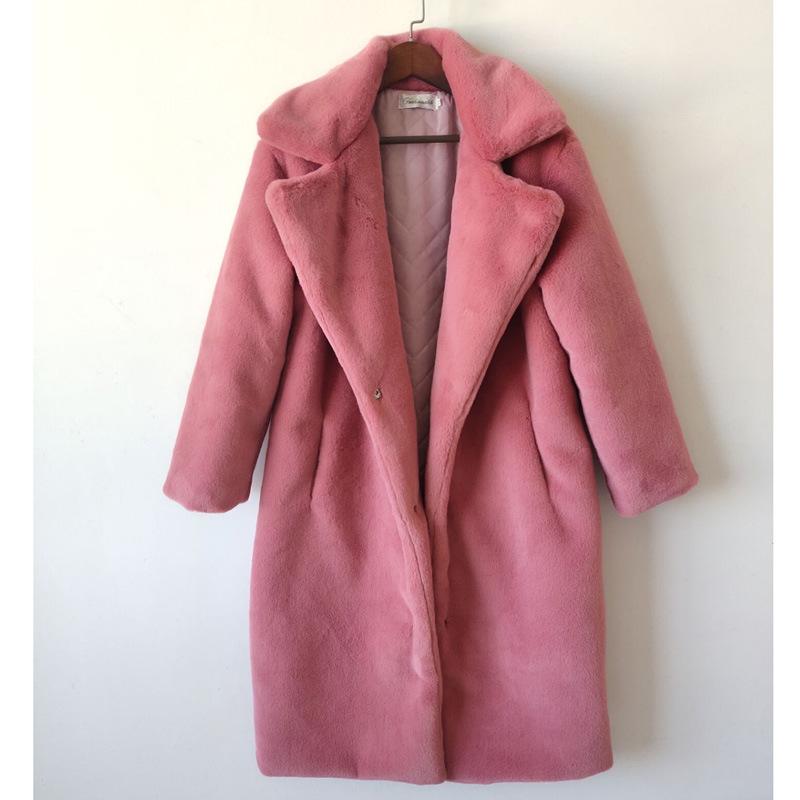 Ropa de Invierno Mujer Largo Grueso Cálido Suave Colorido Esponjoso Talla Grande Abrigo de Piel Sintética de Conejo Rex Mujer Solapa