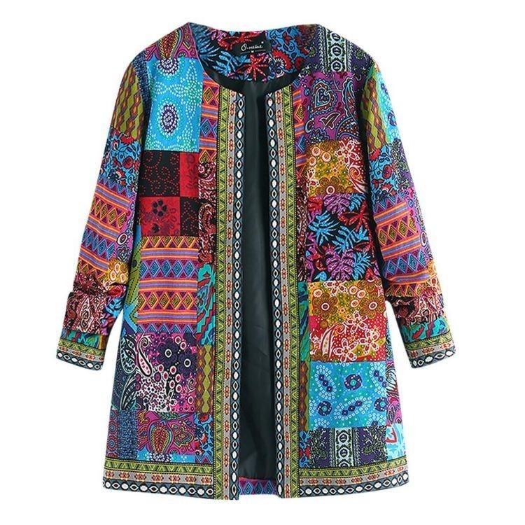 Vintage Floral Print Plus Size Cotton Jacket Women Long Sleeve Ethnic Coat