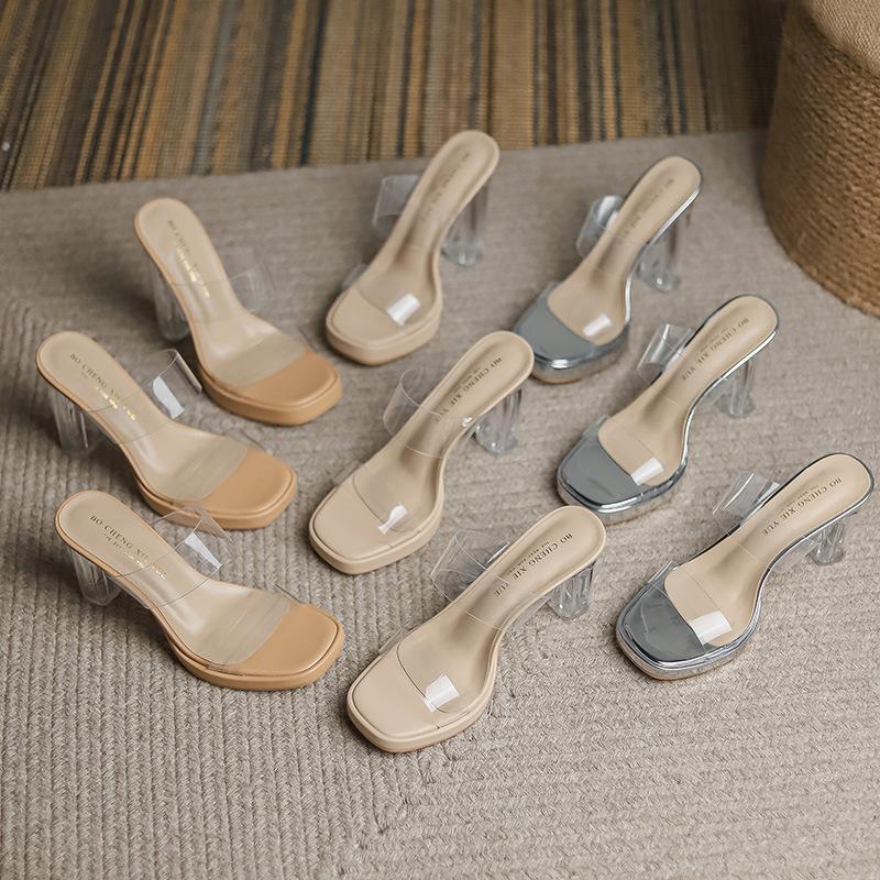 Leather Sheepskin Transparent High-heeled Sandals Women's 2025 New Waterproof Table with Crystal Heel Thick Heel Cool Slippers