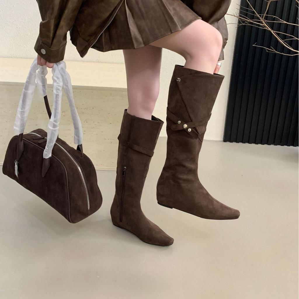 2025 new square head side zipper tall tube suede thin belt buckle knee knight women's boots