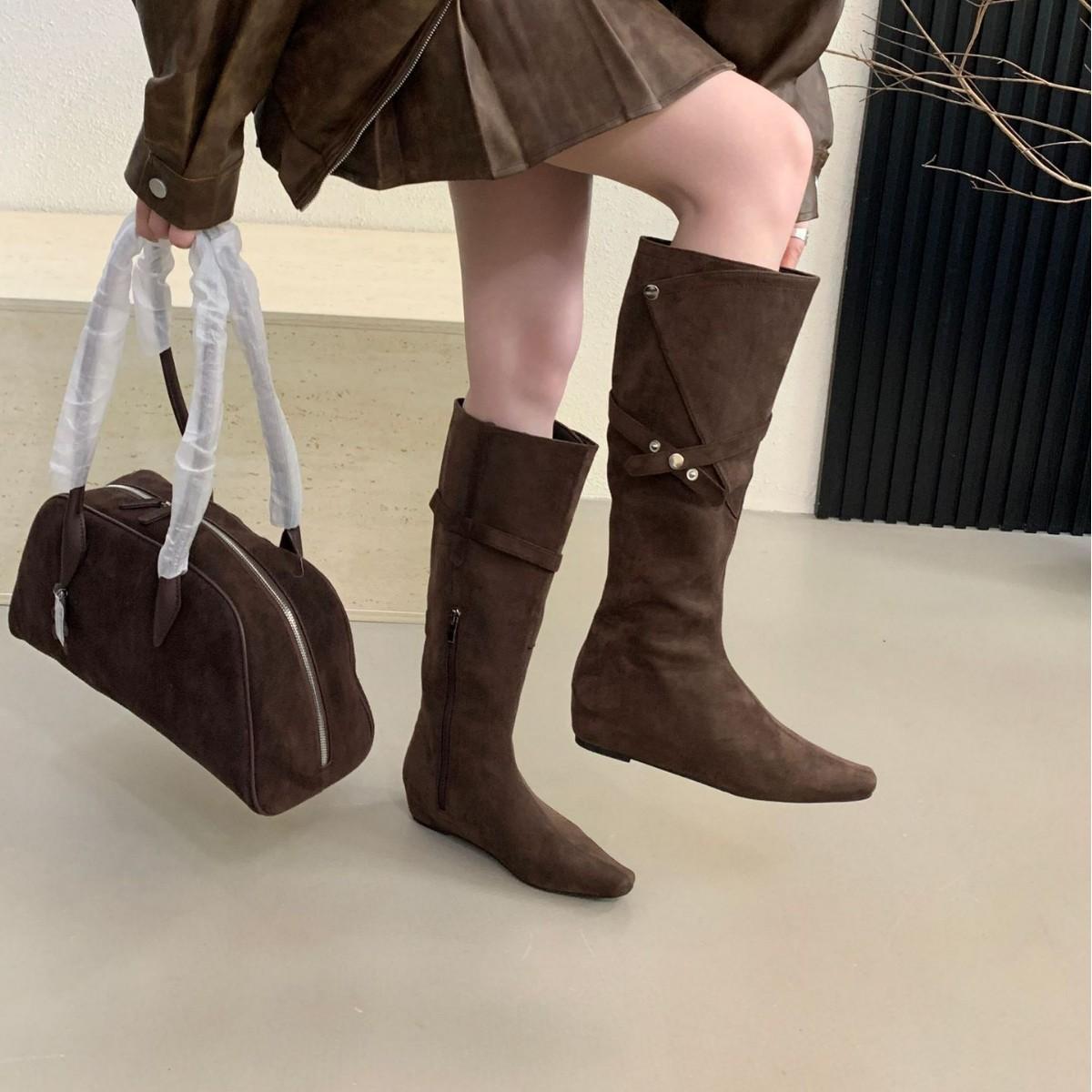 

2025 new square head side zipper tall tube suede thin belt buckle knee knight women s boots 39 коричневый