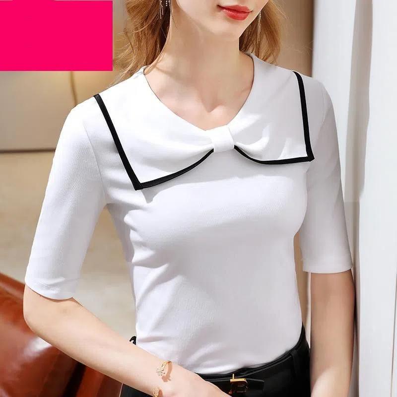 Age-reducing Temperament Bow Mid-sleeved T-shirt for Women in Autumn Women's Black and White Inner Wear T-shirt Base Shirt Top